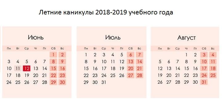 Календарь летних каникул 2018-2019
